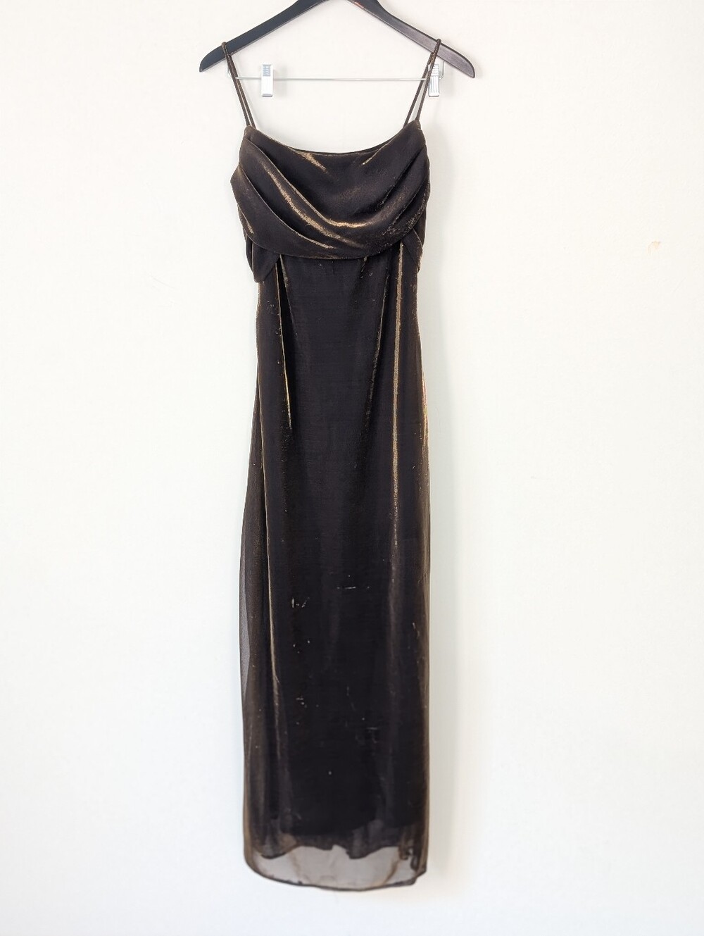 Vintage Y2K 90s Black Gold Metallic Shimmer Maxi Dress Cowl Neck Tie Back Size 9
